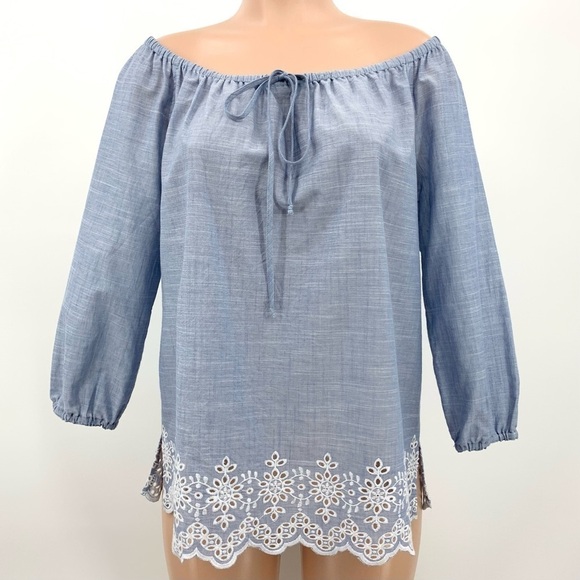 NWT NYDJ Cotton Eyelet Embroidered Blue Chambray Top XS - Picture 1 of 11